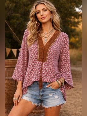 Wrangler Boho Western Tunic Embroidered Neck Red Print